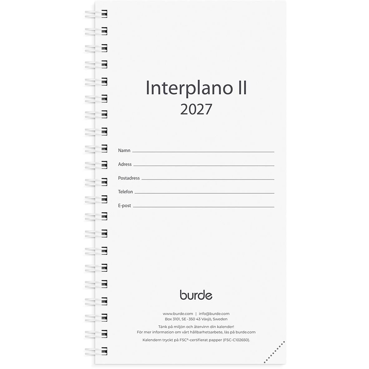 Interplanor 2026 refill almanacka med plats för kontaktuppgifter och datum