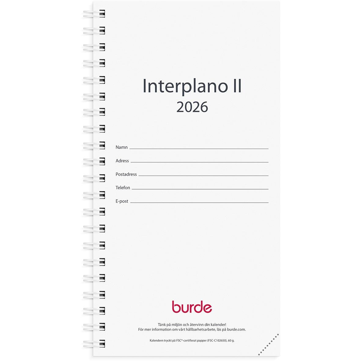 Interplanor 2026 refill almanacka med plats för kontaktuppgifter och datum