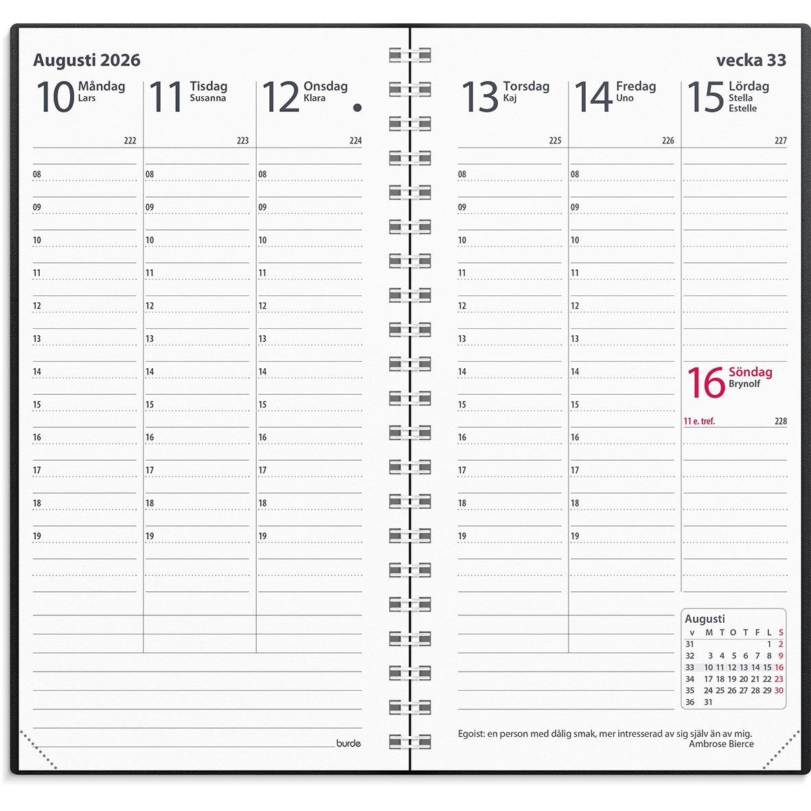 Augusti 2026 kalender för vecka 33 i svart plastalmanacka