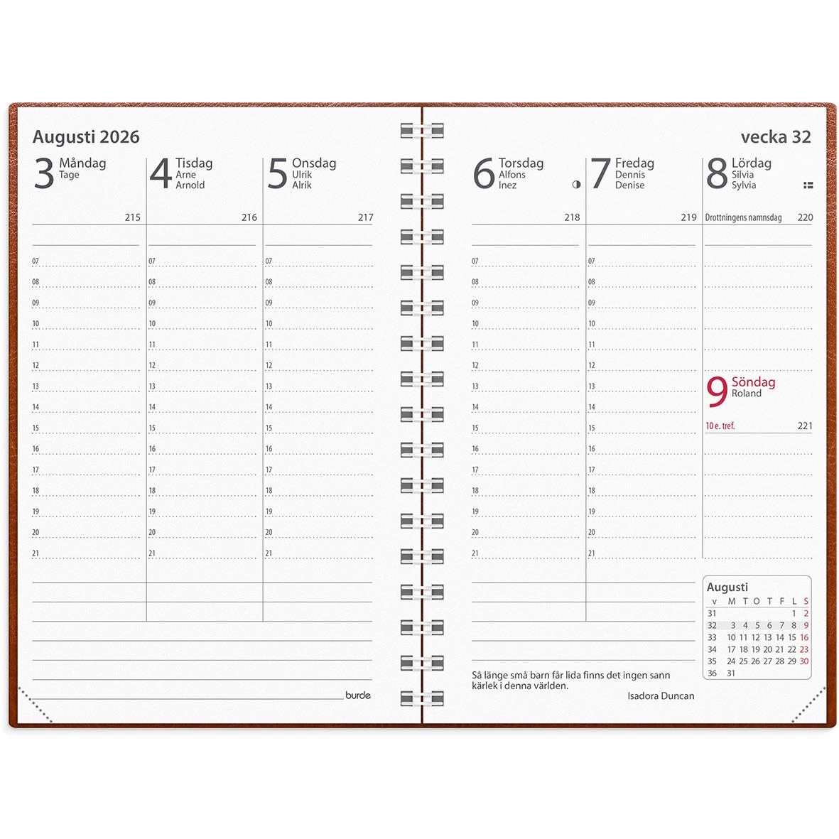 Almanacka för 2026 med veckovisa sidor, datum och plats för anteckningar, i konstläder i färgen cognac