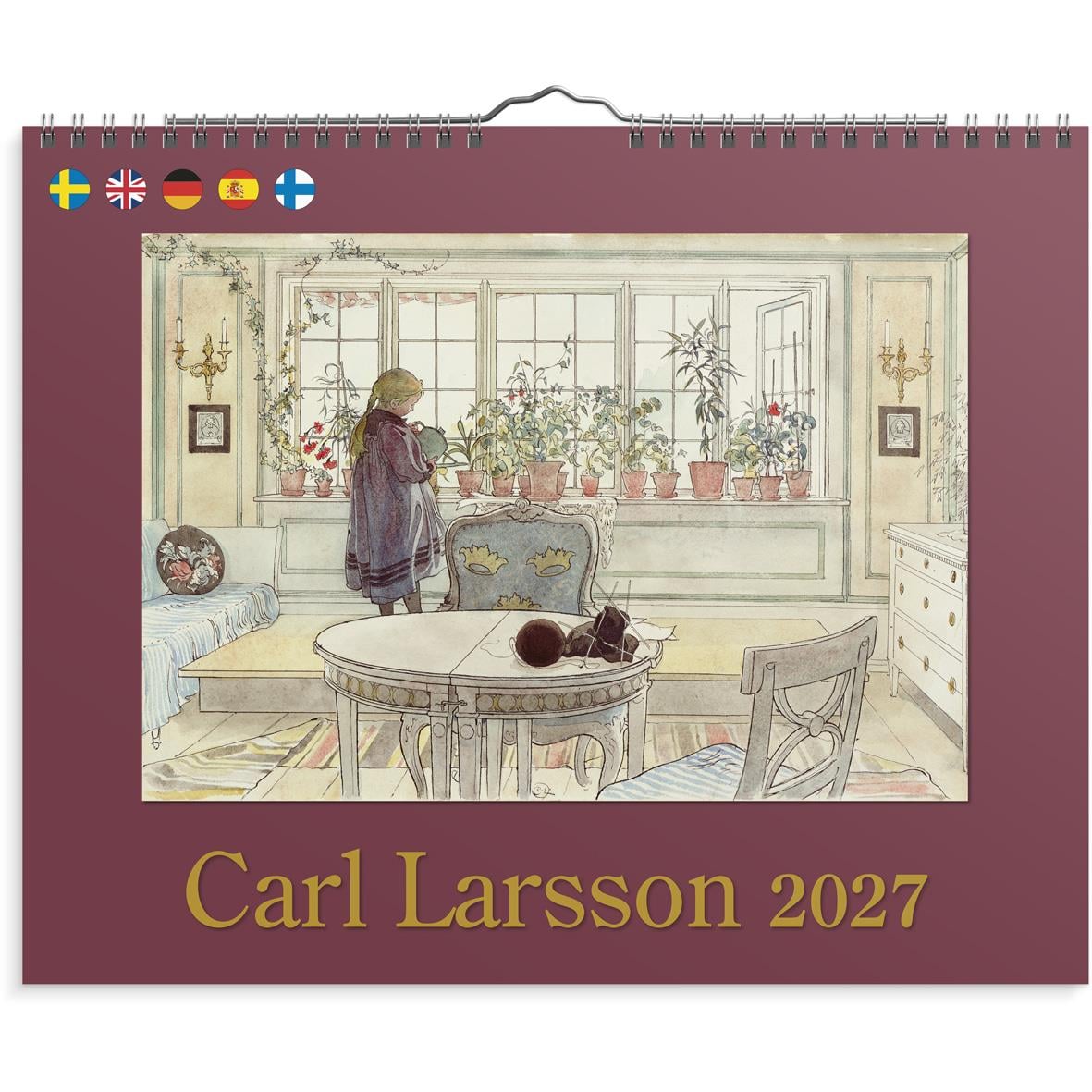 Väggalmanacka med Carl Larsson motiv från 2027, visar ett rum med växter och en kvinna vid fönstret