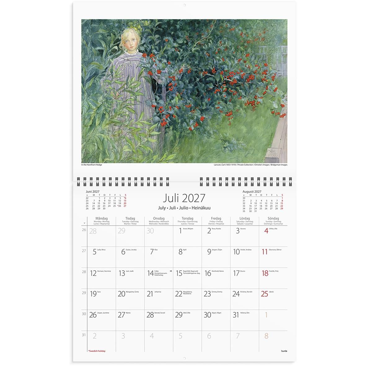 Väggalmanacka från 1741 med Carl Larssons konst för juli 2027, visar en flicka i ett blommande trädgårdsland