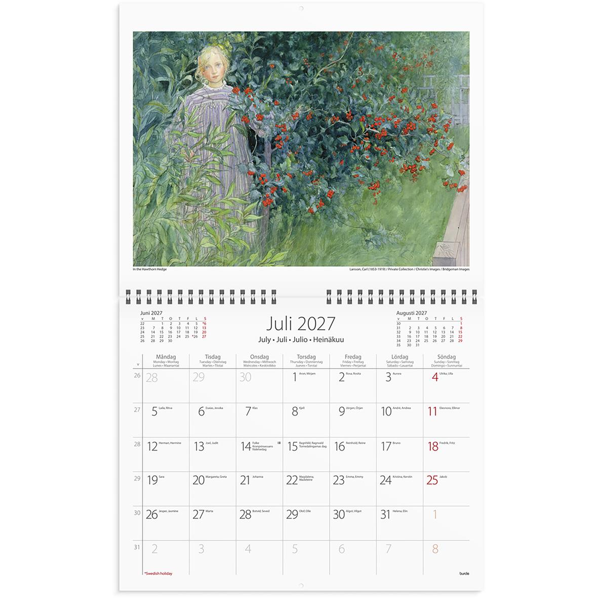 Väggalmanacka från 1741 med Carl Larssons konst för juli 2027, visar en flicka i ett blommande trädgårdsland