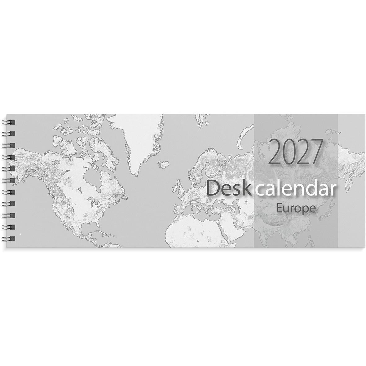 Europeisk skrivbordsalmanacka för 2026 med världskarta och kalender