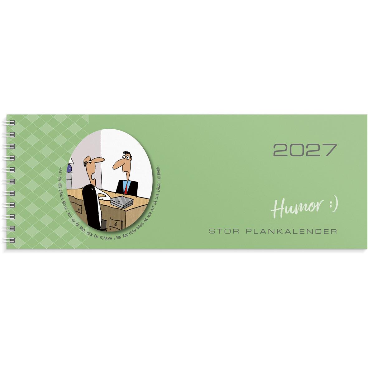Almanacka för 2026 med humor och stor plankanaler, grönt omslag med illustration av två personer och guldkonfetti