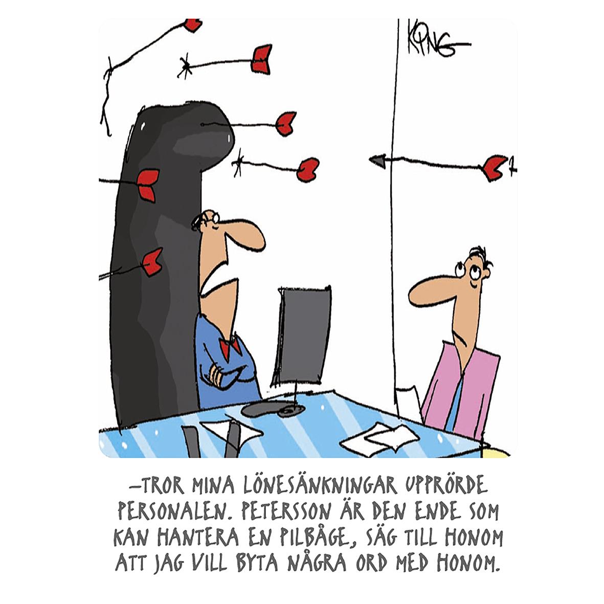 Tecknad bild av två personer i ett kontor, en med svart hår och en med ljus hud, samt ett stort svart huvud med röda hjärtan och pilar, humoristiskt scenario