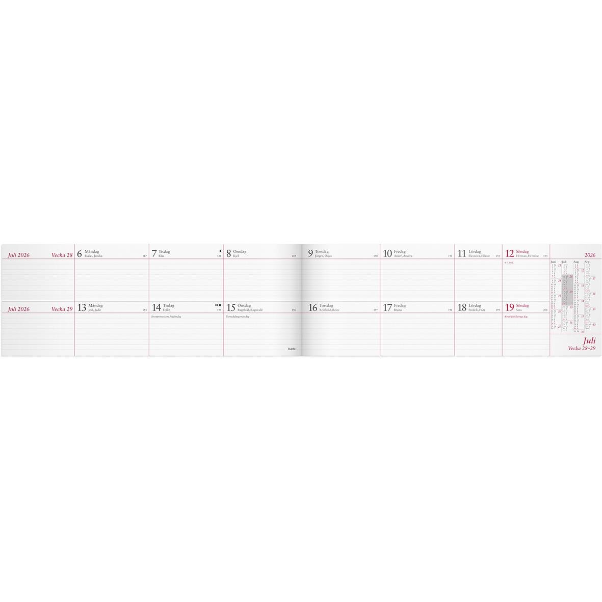 Tvåveckorsplankalender för 2026 med datum och veckor i en översikt