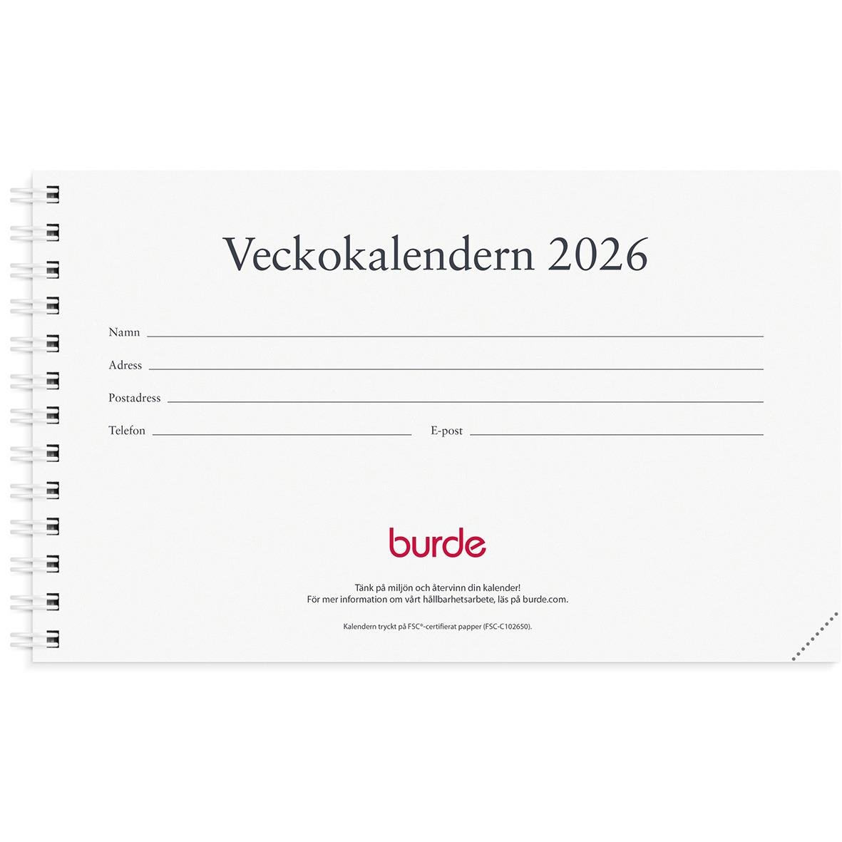 Refill för veckokalender 2026 från Almanacka Burde 1410, med utrymme för personuppgifter