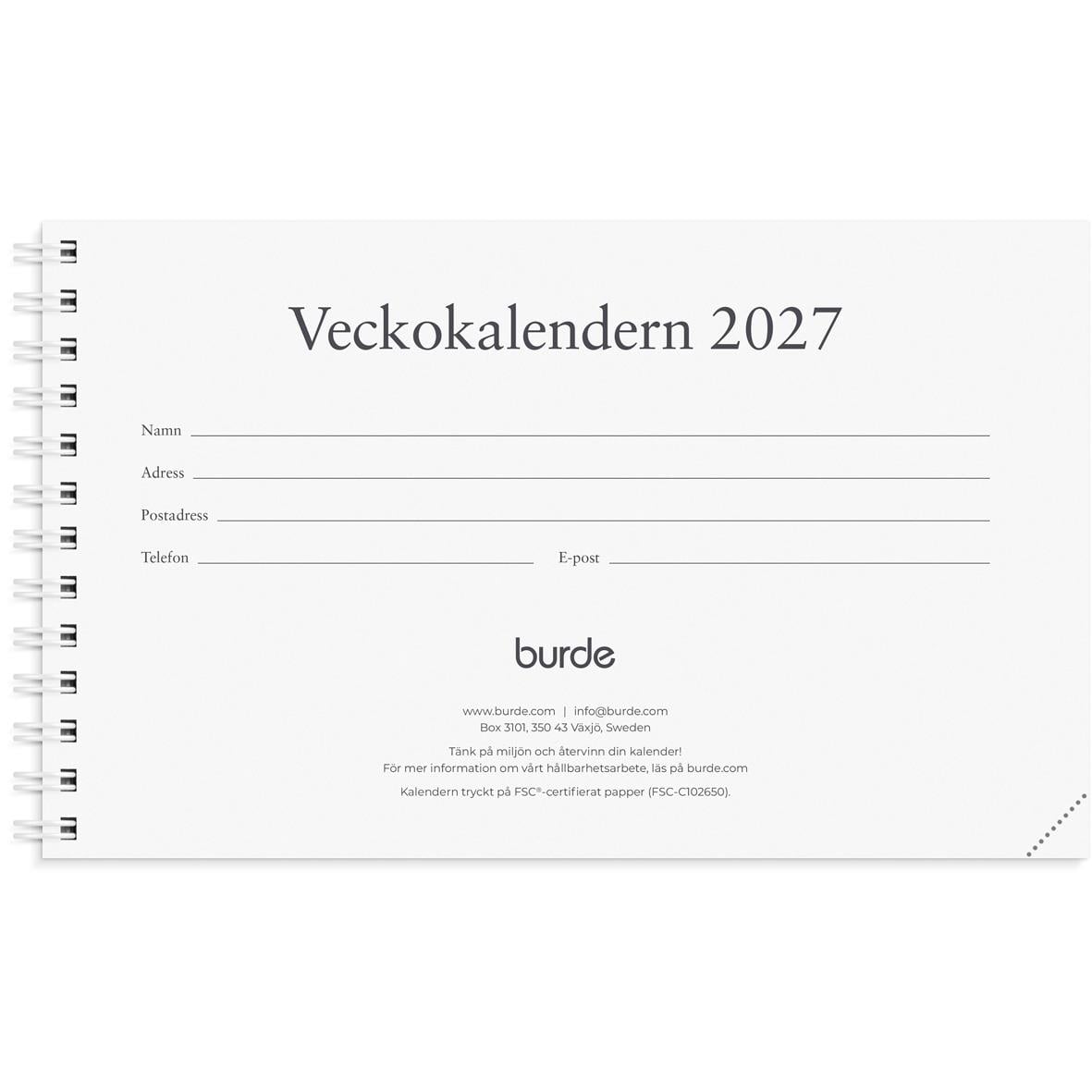 Refill för veckokalender 2026 från Almanacka Burde 1410, med utrymme för personuppgifter