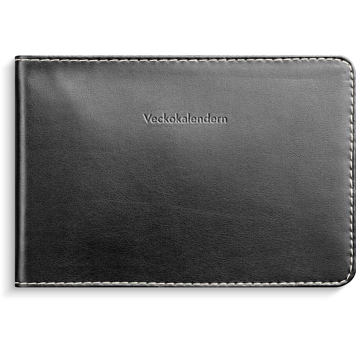 Svart konstläder veckokalender för 2026 med titel Almanacka Burde 1414 Veckokalendern