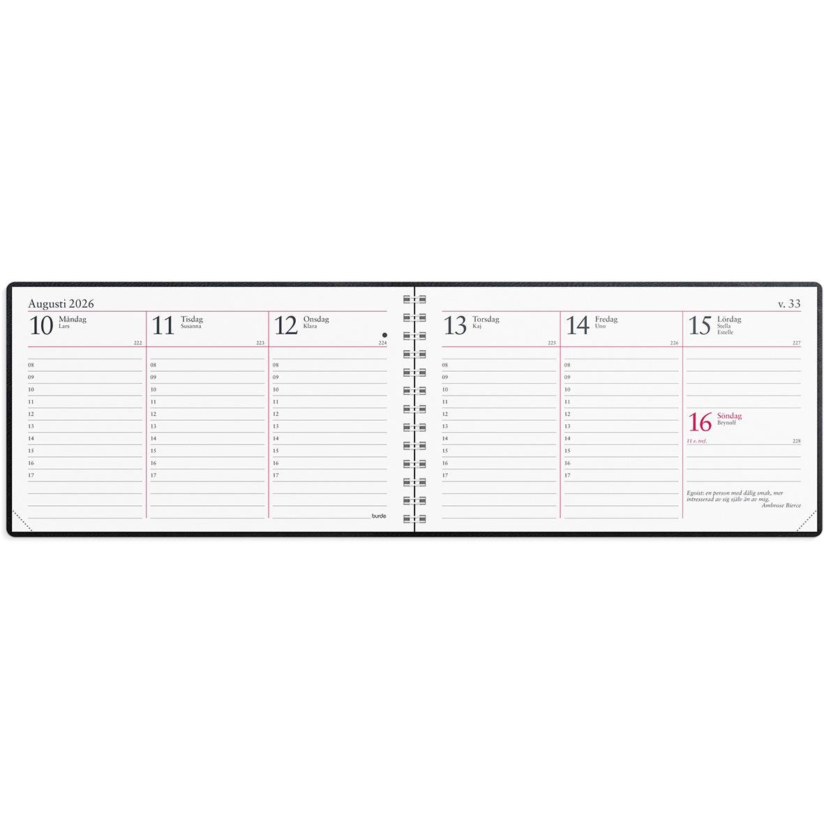Veckokalender för augusti 2026 med svart konstläderomslag och veckovisa sidor för planering