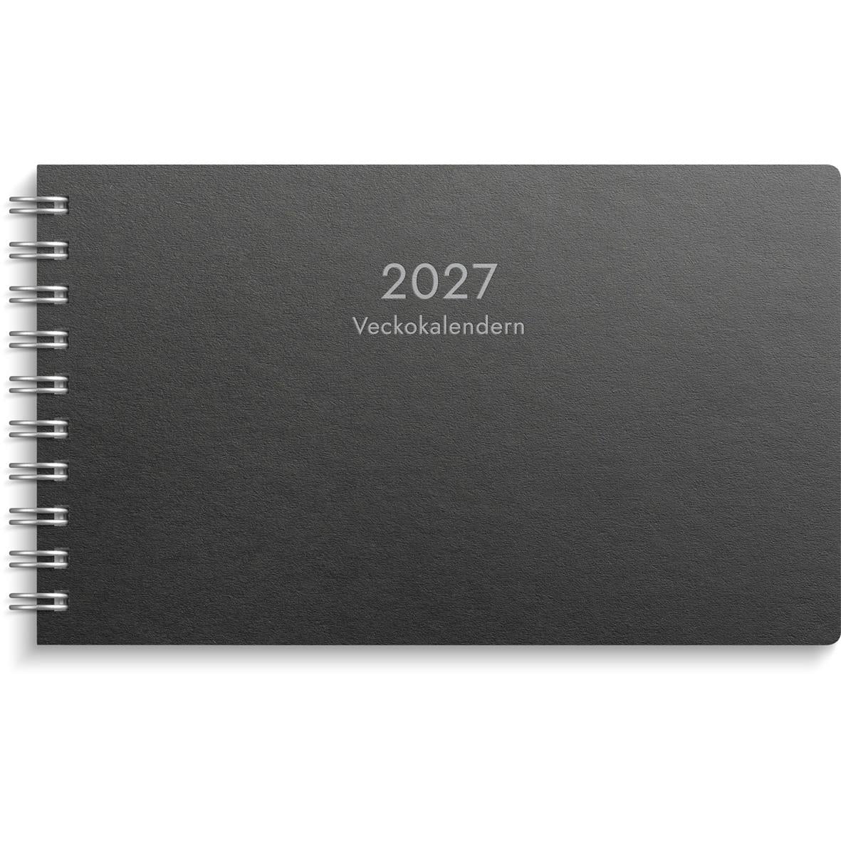 Svart veckokalender för 2026 med spiralbindning och titel Almanacka Burde 1415 Veckokalendern ECO Line