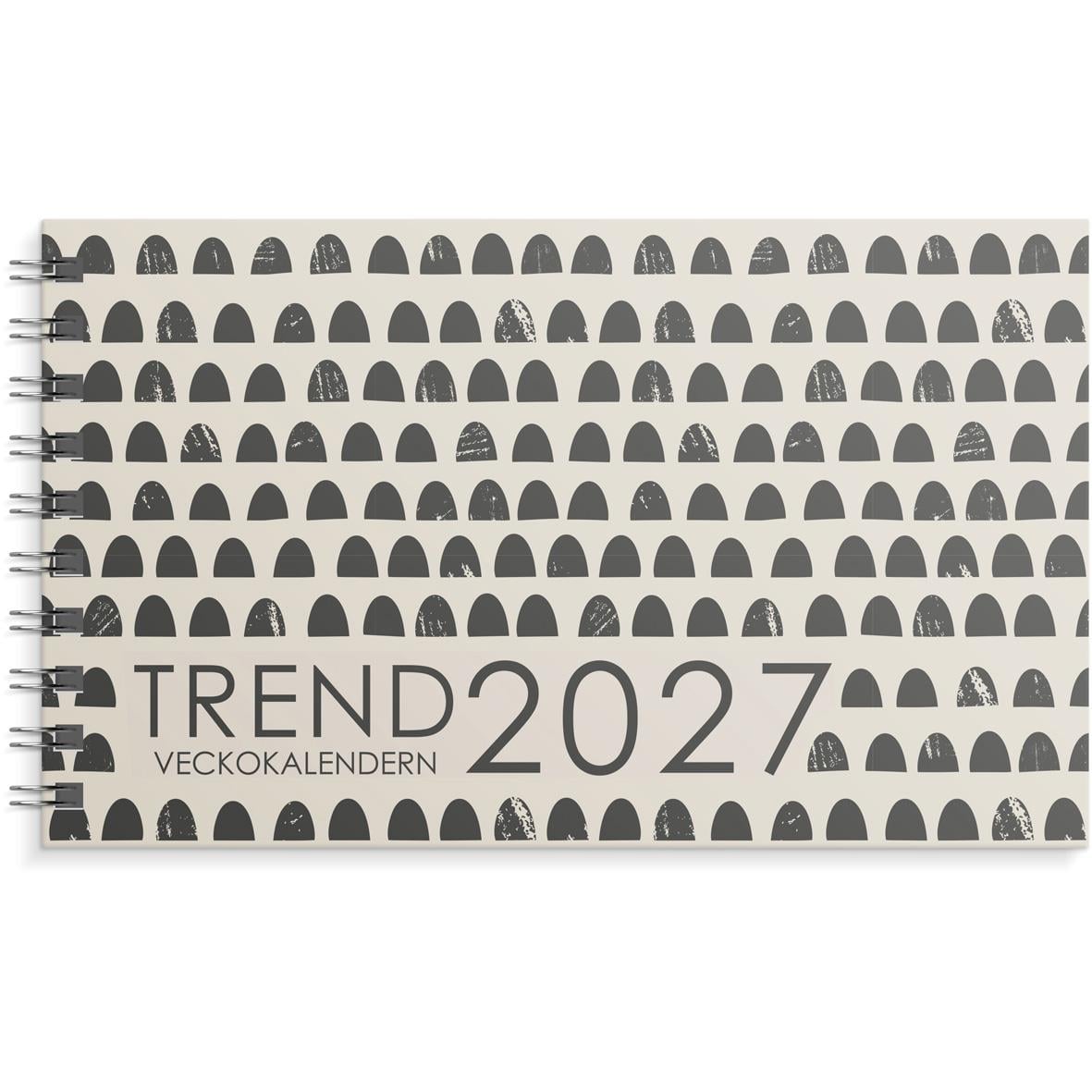 Veckokalender för 2026 med titeln Almanacka Burde 1419 Trend 2026 och ett mönster av svarta och gråa halvcirklar