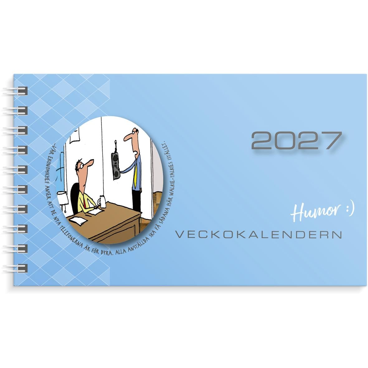 Årskalender för 2026 med humor och veckokalender, blått omslag med illustration av byggnader och en person