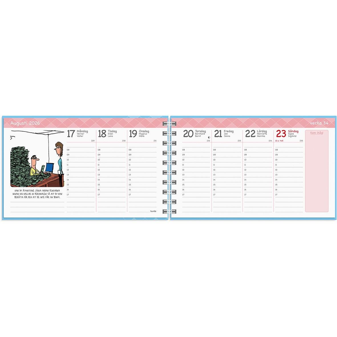 Veckokalender för 2026 med humoristisk illustration och plats för anteckningar, del av Almanacka Burde 1417
