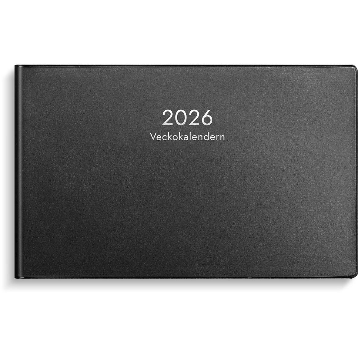 Svart plastalmanacka för 2026 med veckokalender och veckonummer