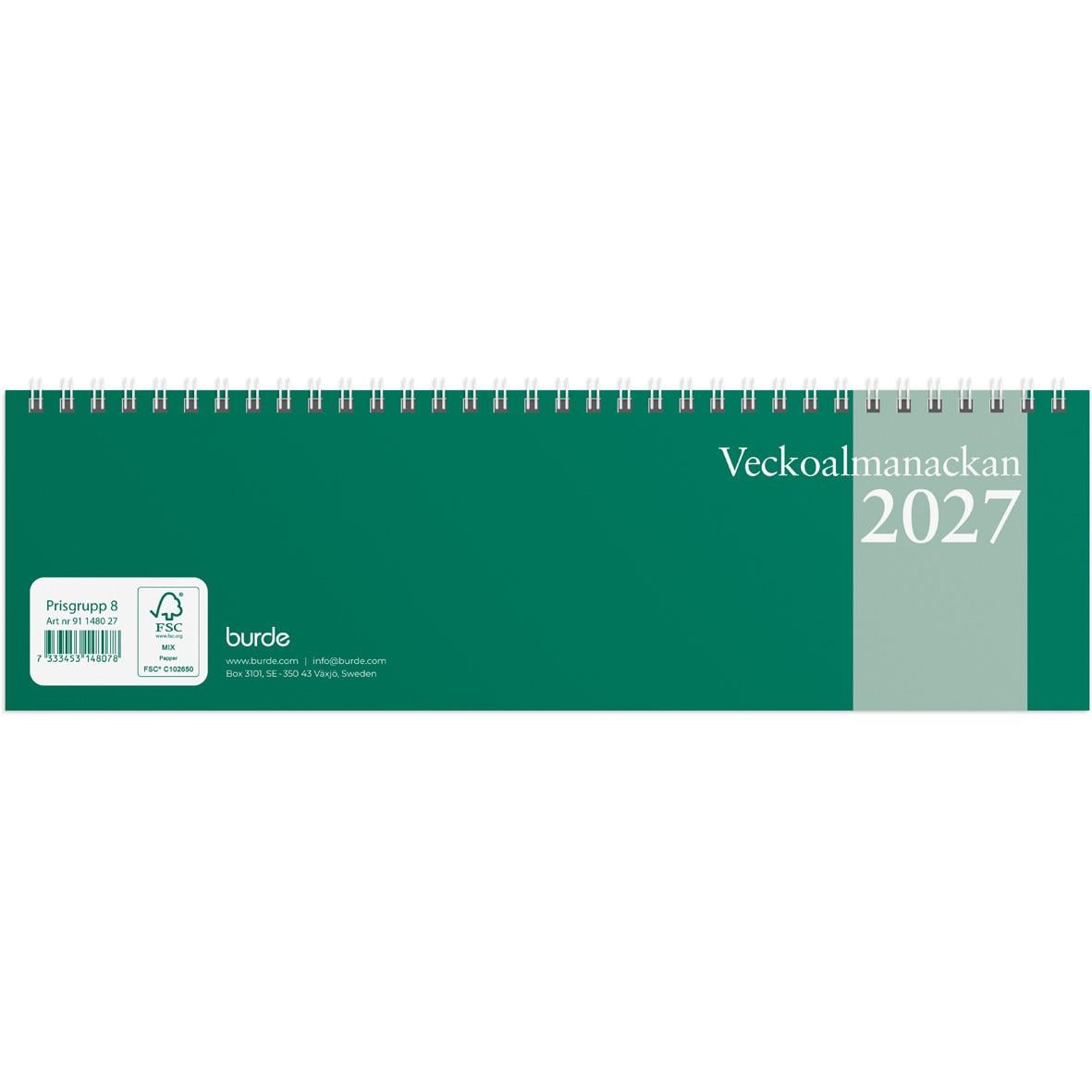 Veckoalmanacka 2026 från Burde med grön omslag och spiralbindning