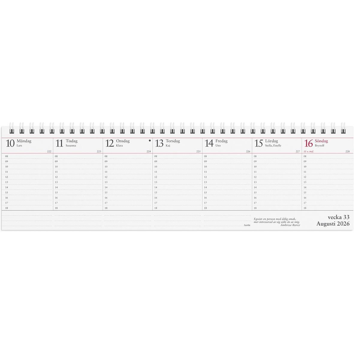 Veckoalmanacka för 2026 med veckovisa sidor från 10 till 16 augusti 2016