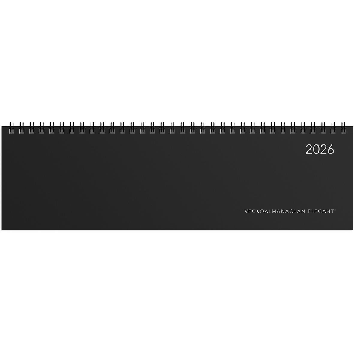 Veckoalmanackan Elegant 2026 med svart omslag och vit text