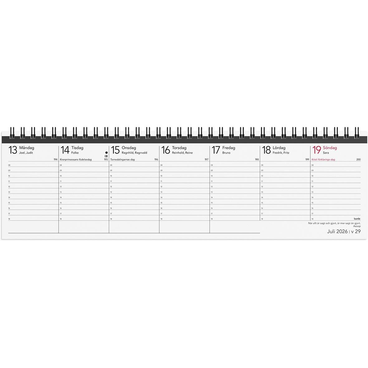 Veckoalmanacka för 2026 med veckodagar och datum, startar måndag 13 juli