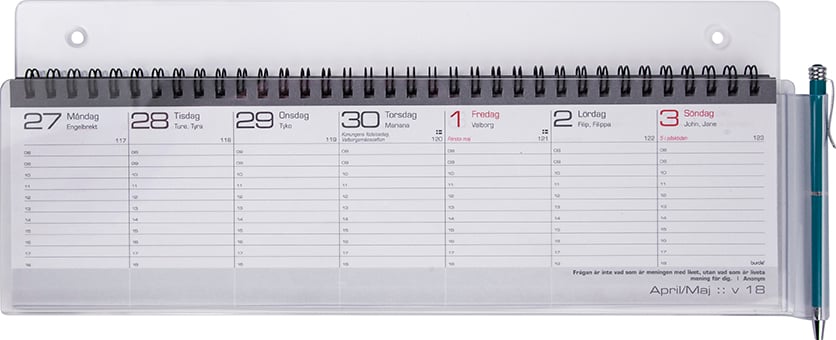 Veckoalmanacka för 2026 med spiralbindning och datum för vecka 27 till 3 januari