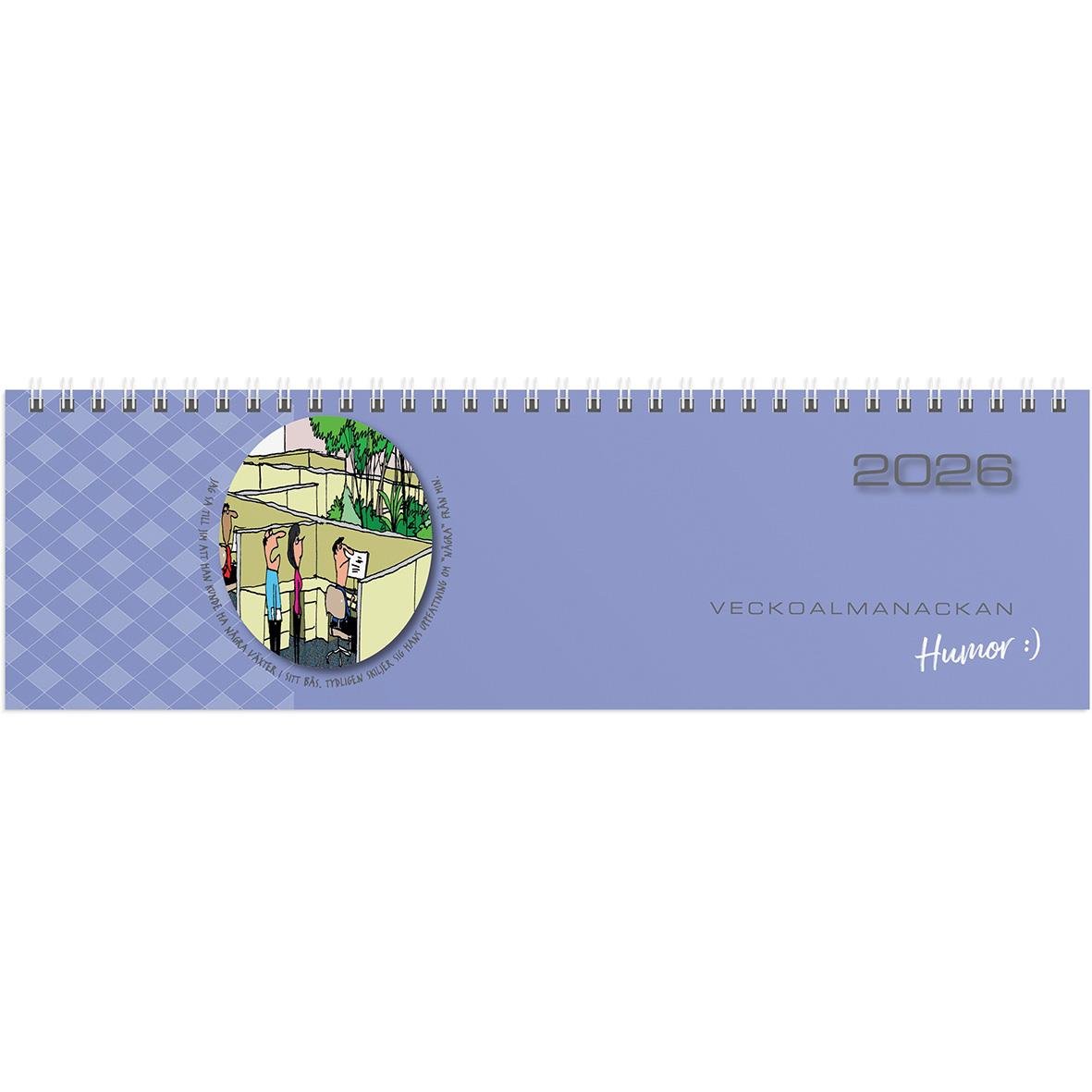 Veckoalmanacka Humor 2026 med blått omslag och illustration av personer vid en busshållplats