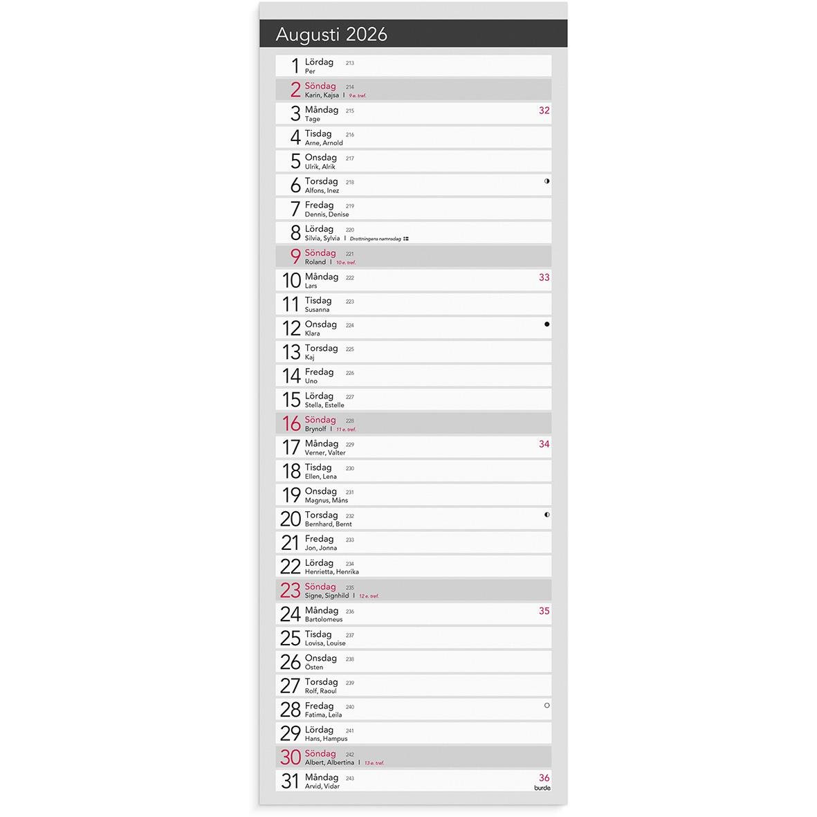 Liten bordskalender för augusti 2026 med datum och veckonummer, elegant design