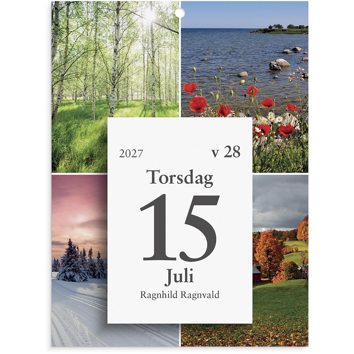 Väggkalender för 2026 med bilder av natur och årstider, visar tisdag 11 augusti och plats för dagblock