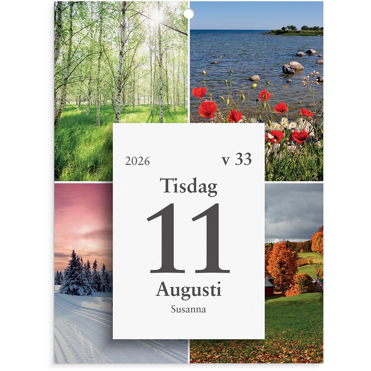 Väggkalender för 2026 med bilder av natur och årstider, visar tisdag 11 augusti och plats för dagblock