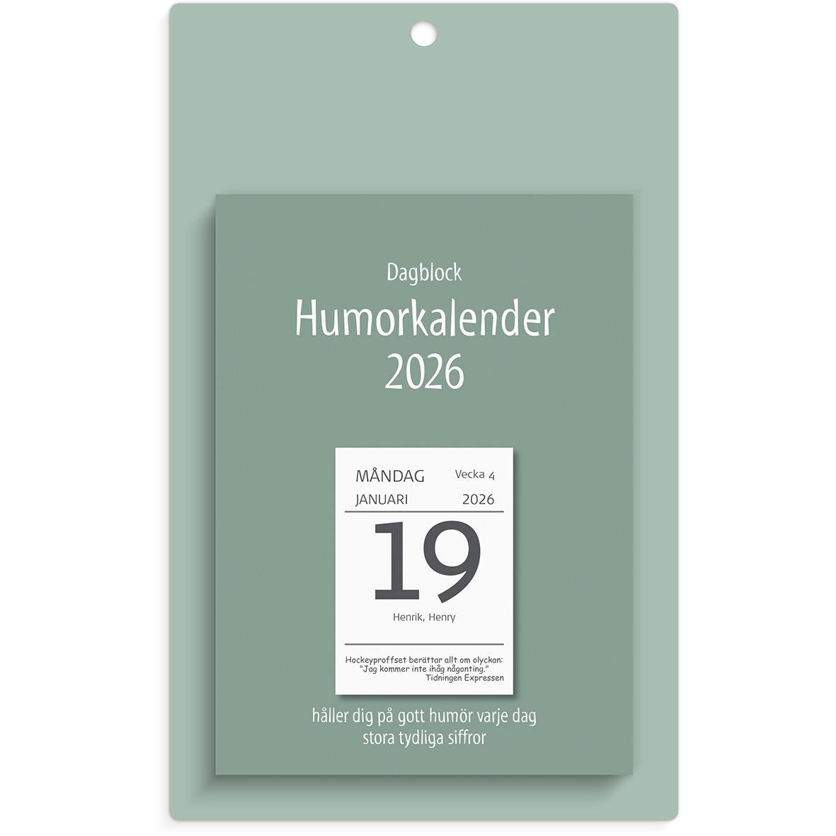 Väggplån med dagblock Humor 2026, visar datum och dag, med humoristisk design