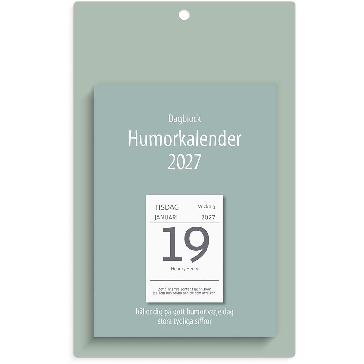 Väggplån med dagblock Humor 2026, visar datum och dag, med humoristisk design