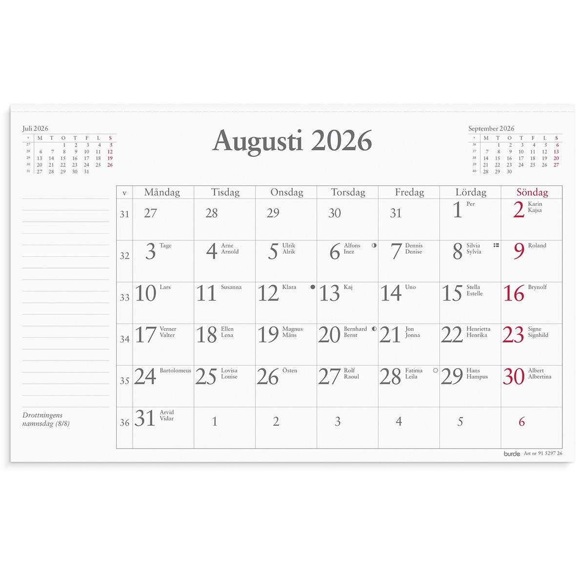 Månadsblock för augusti 2026 i Almanacka Burde 5297, 240x152mm