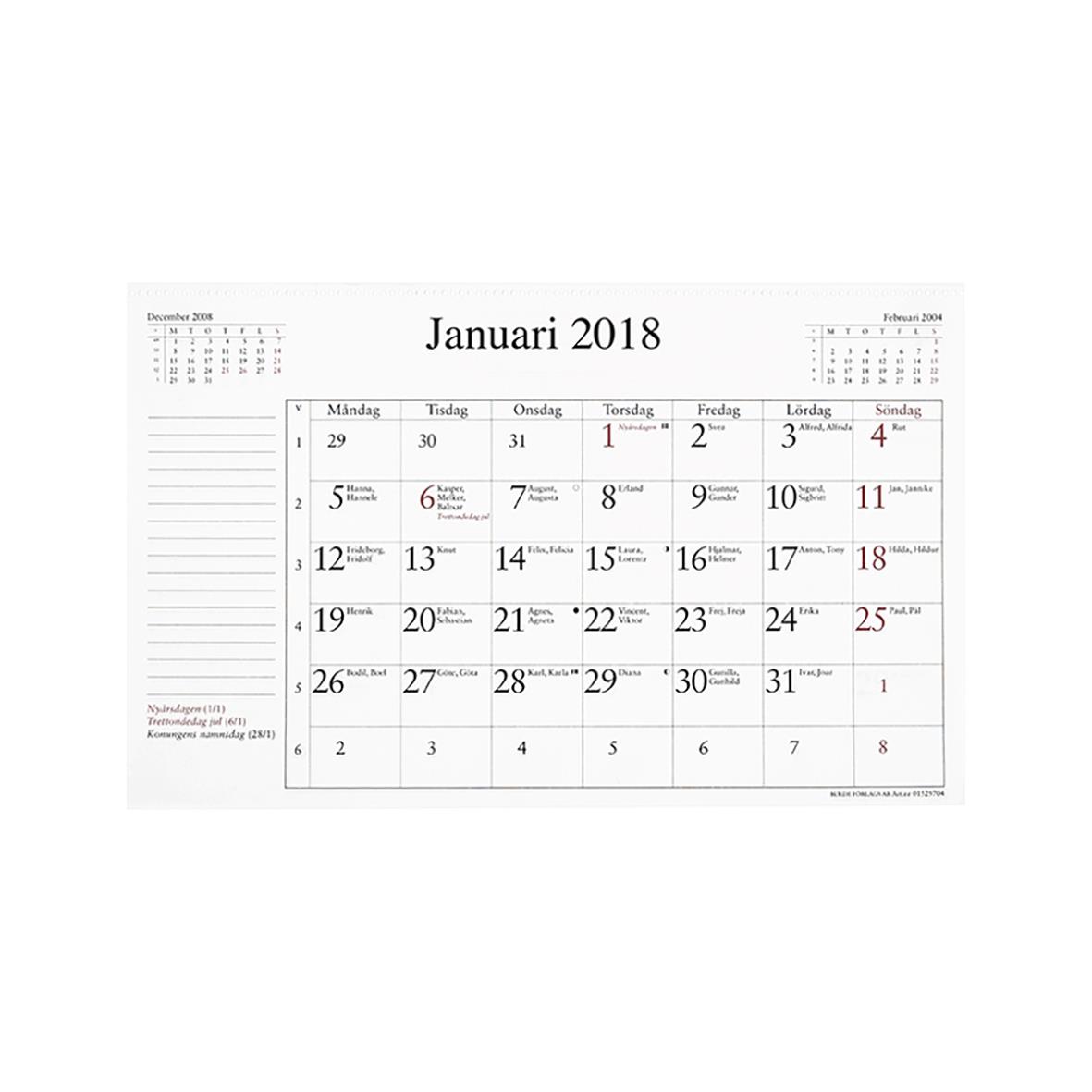 Månadsblad för januari 2018 i en kalender med datum och veckodagar, samt små kalendrar för december 2004 och februari 2004