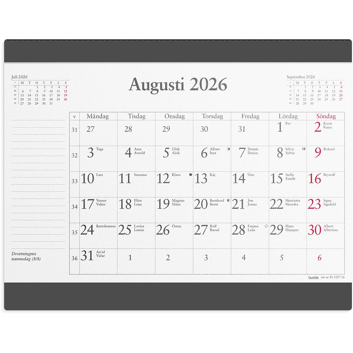 Almanacka för 2026 med månadsblock för augusti, inklusive datum och veckodagar