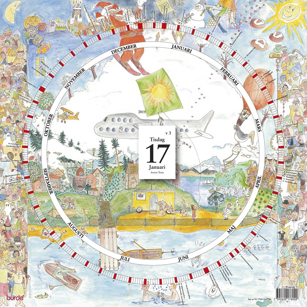 Väggkalender för hela året 2020 med illustration av olika aktiviteter och naturmotiv runt en cirkel, visar datum och månader.