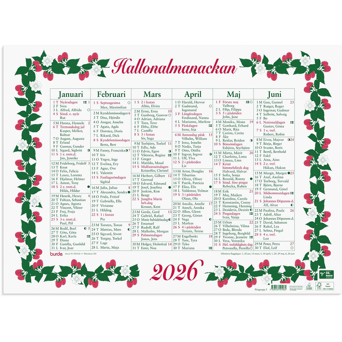 Stora hallonalmanackan för 2026 med månadsöversikter och blomsterdekoration runt kanten