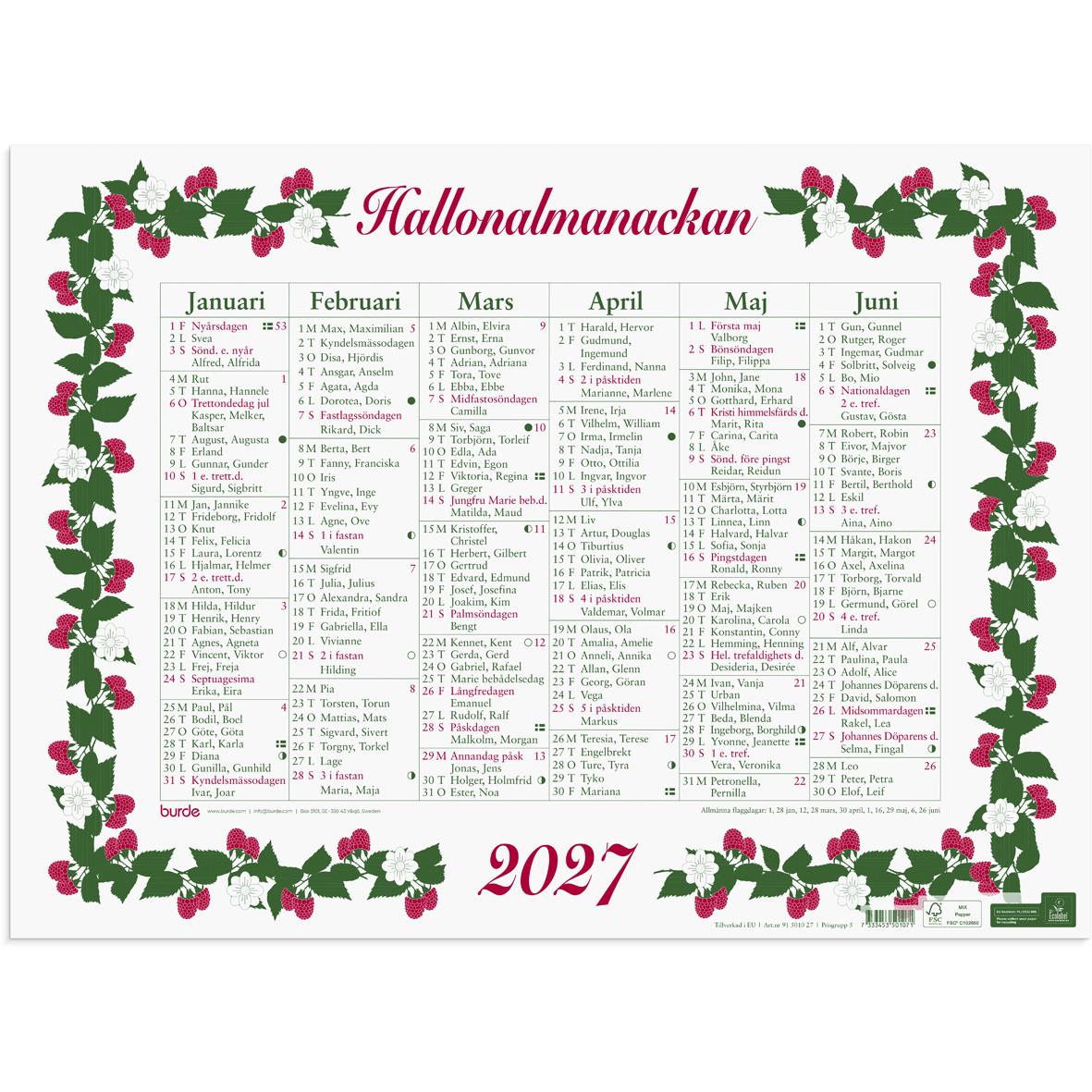 Stora hallonalmanackan för 2026 med månadsöversikter och blomsterdekoration runt kanten