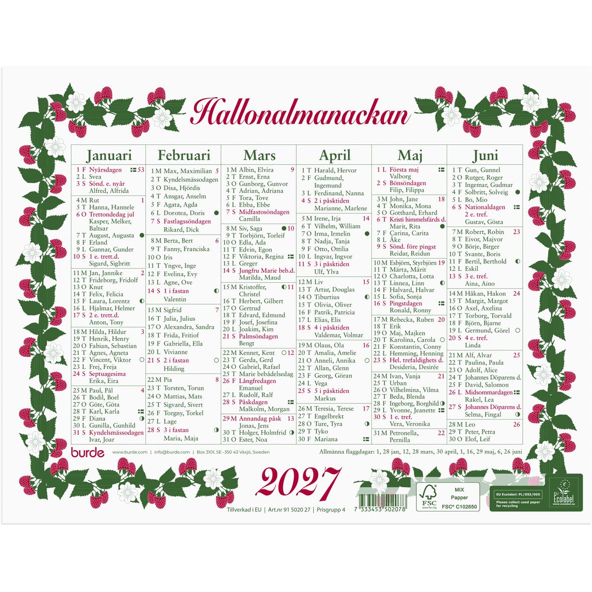 Liten hallonalmanacka för 2026 med månadsöversikter och blomsterdekorationer runt kanten