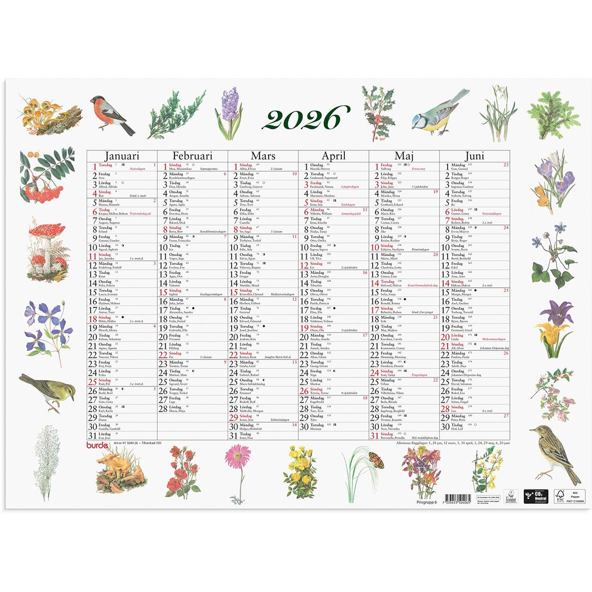 Stor naturkalender för 2026 med månadsöversikter och illustrationer av växter och fåglar