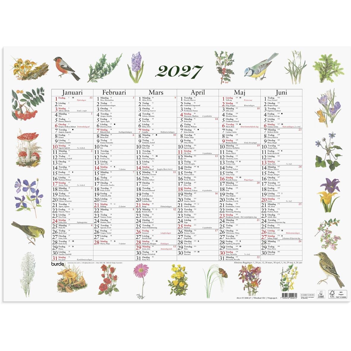Stor naturkalender för 2026 med månadsöversikter och illustrationer av växter och fåglar