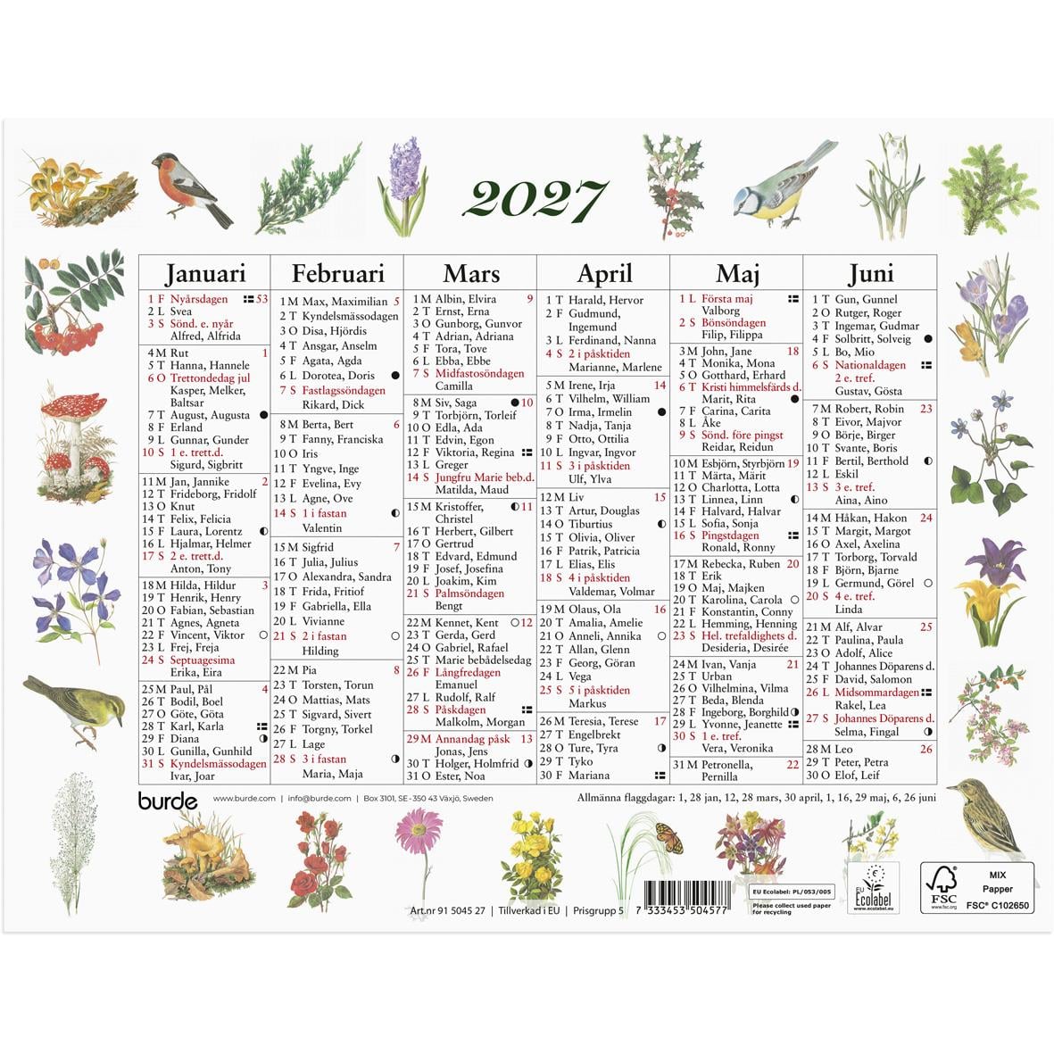 Liten naturinspirerad almanacka för 2026 med månadsöversikter och växter, fåglar och djur runt kanterna