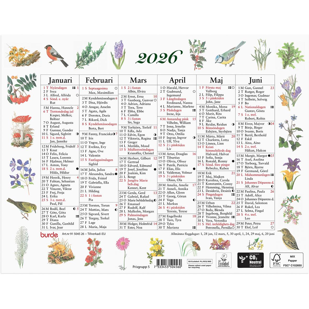 Liten naturinspirerad almanacka för 2026 med månadsöversikter och växter, fåglar och djur runt kanterna