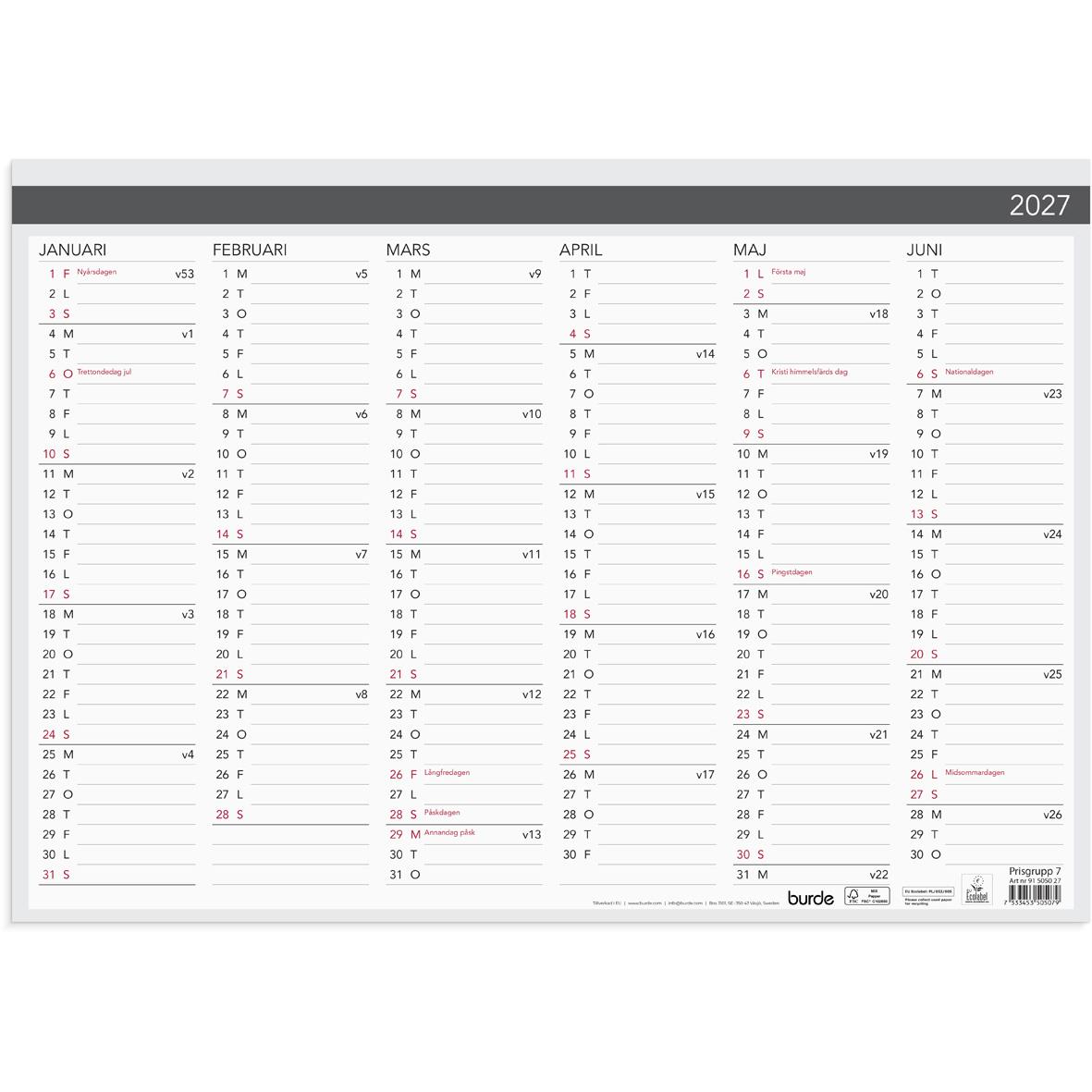 Väggblad för 2026 med kalender för hela året i elegant design, 420x297mm