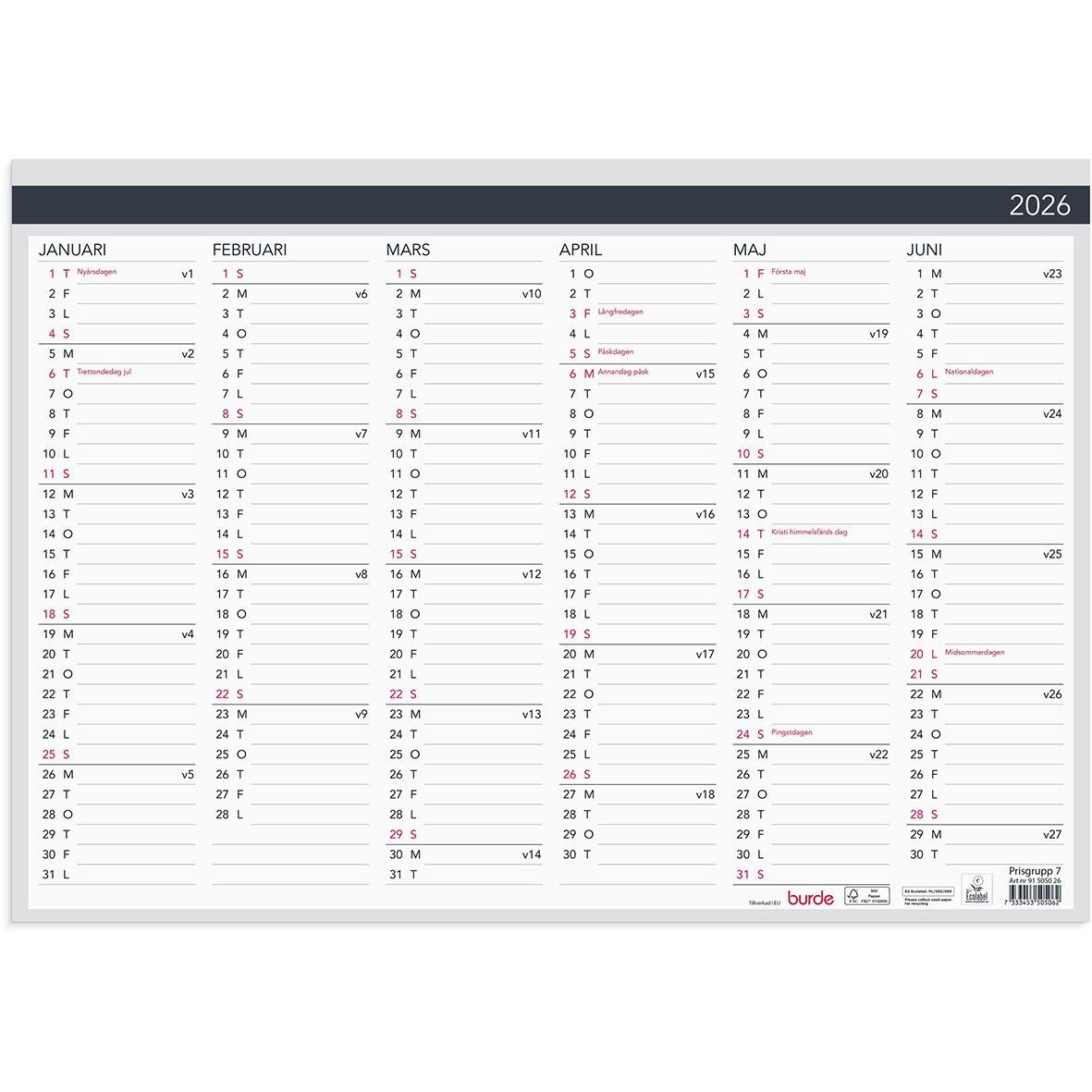 Väggblad för 2026 med kalender för hela året i elegant design, 420x297mm