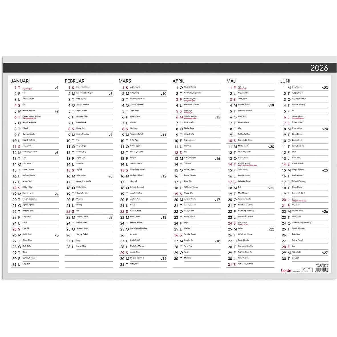 Väggalmanacka för 2026 med eleganta design och månadsöversikter, storlek 600x400mm