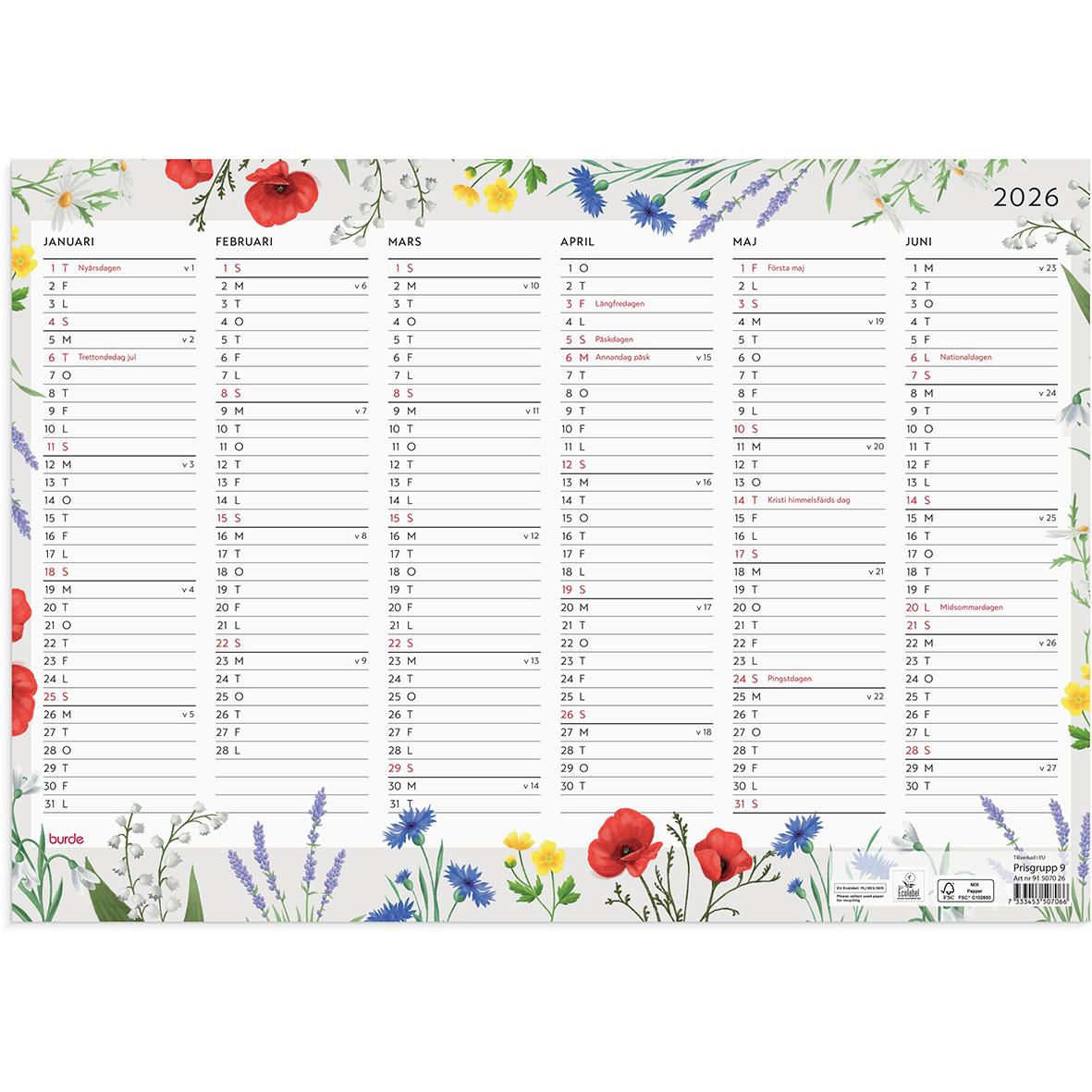 Väggkalender för 2026 med blomsterdesign och månader januari till juni
