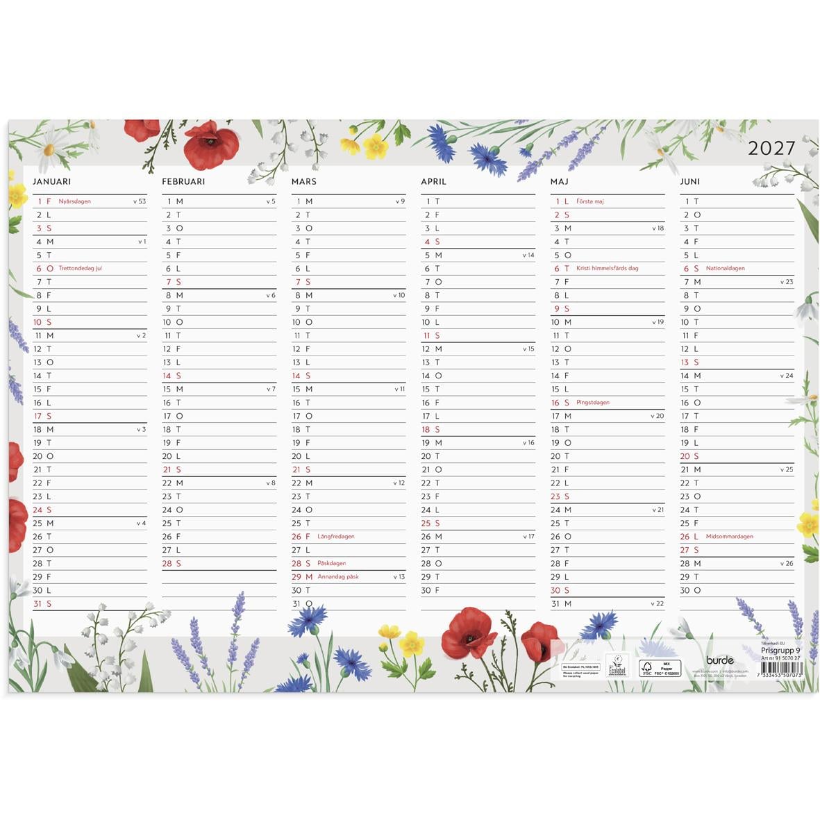 Väggkalender för 2026 med blomsterdesign och månader januari till juni