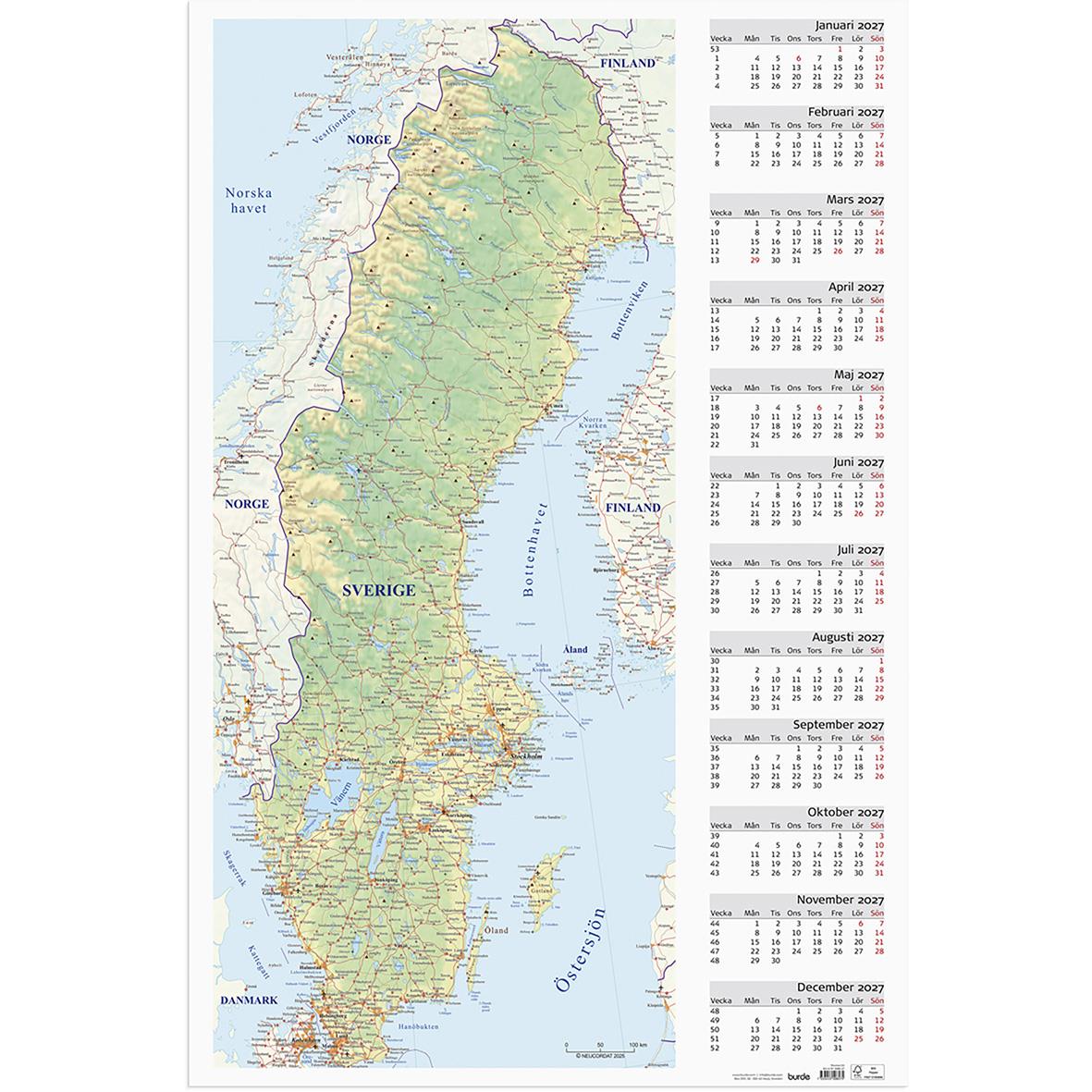 Väggblad med Sverigekarta för 2026 och kalender för varje månad