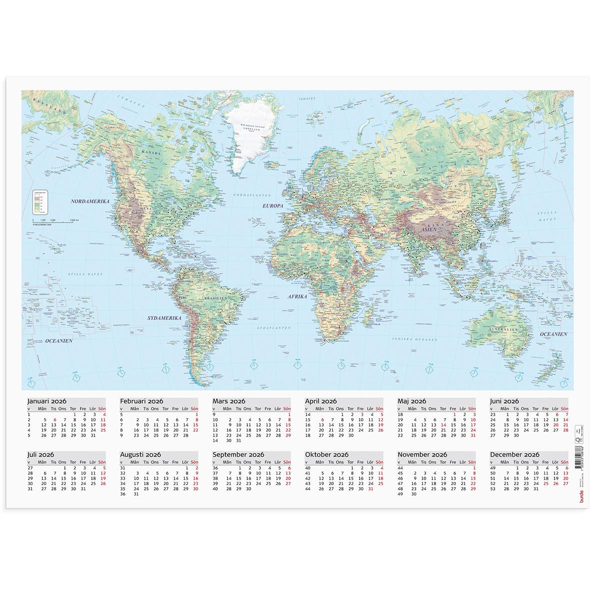 Väggblad med världskarta för 2026 och kalender för varje månad