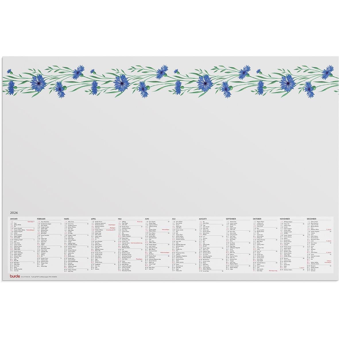 Skrivunderlägg med blå blomsterdesign för 2026